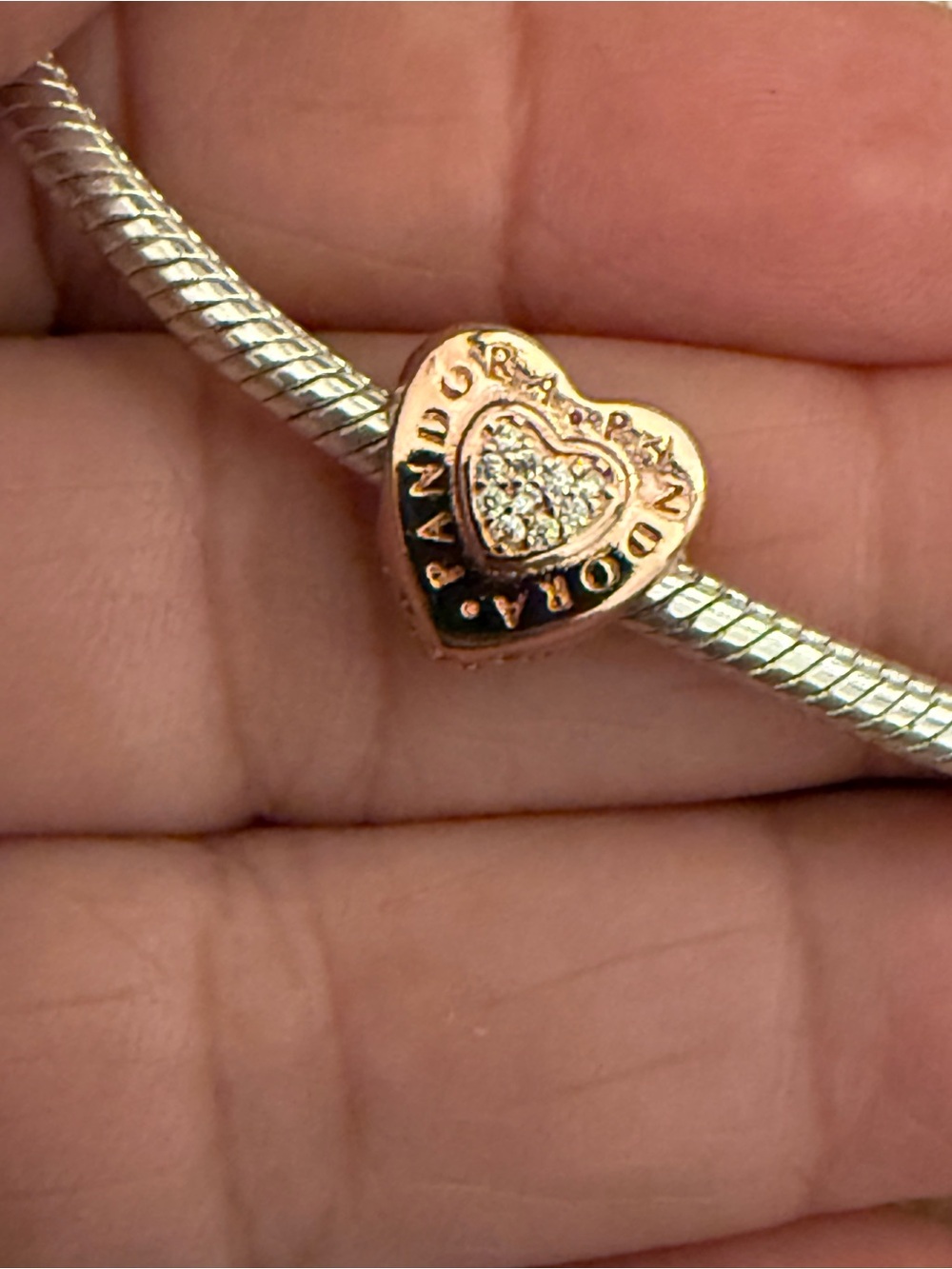 Pandora Rose Gold Heart Pavé Charm on Silver Bracelet